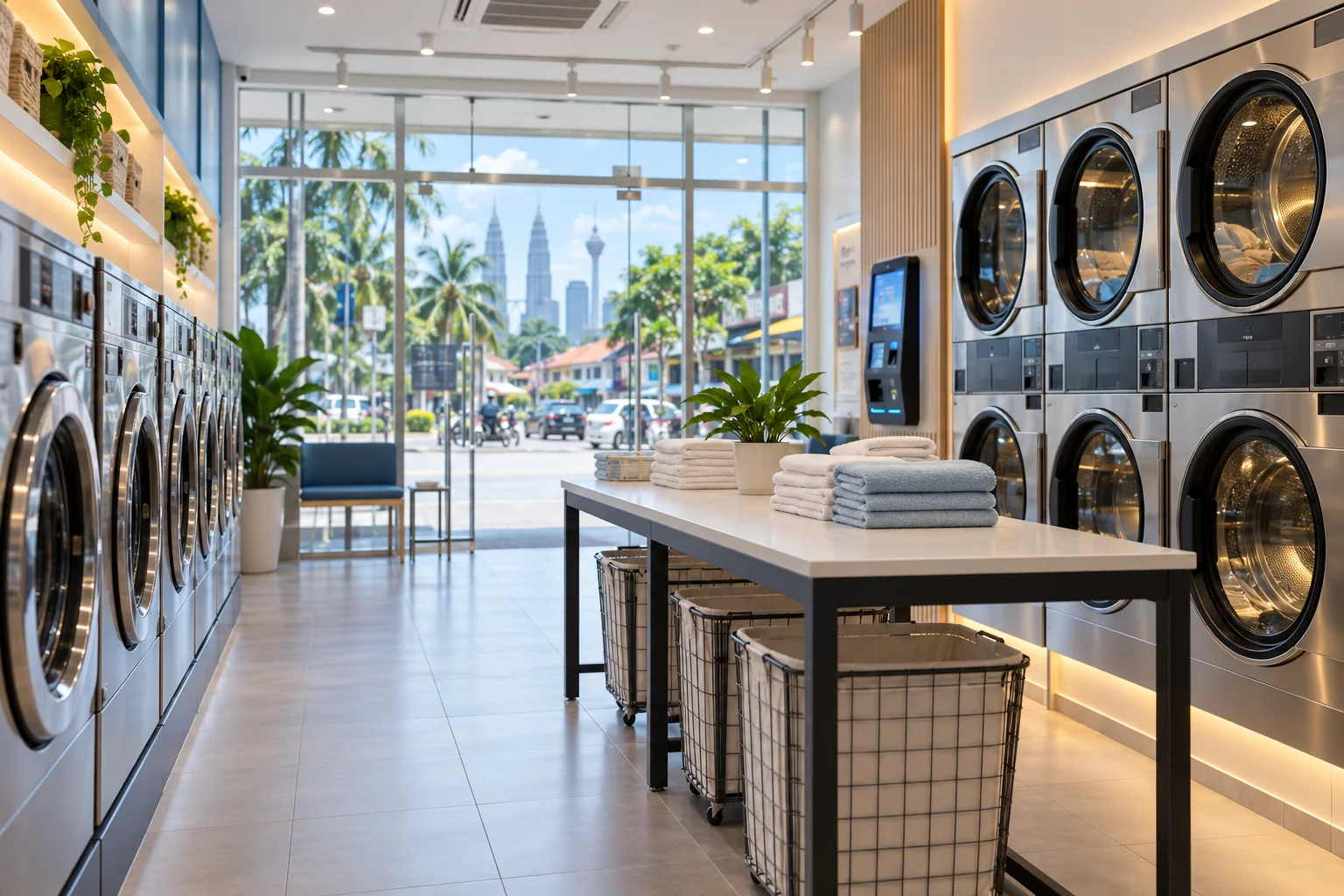 Modern self-service laundromat in Malaysia with rows of commercial washers and dryers, illustrating the cost of starting a laundry business