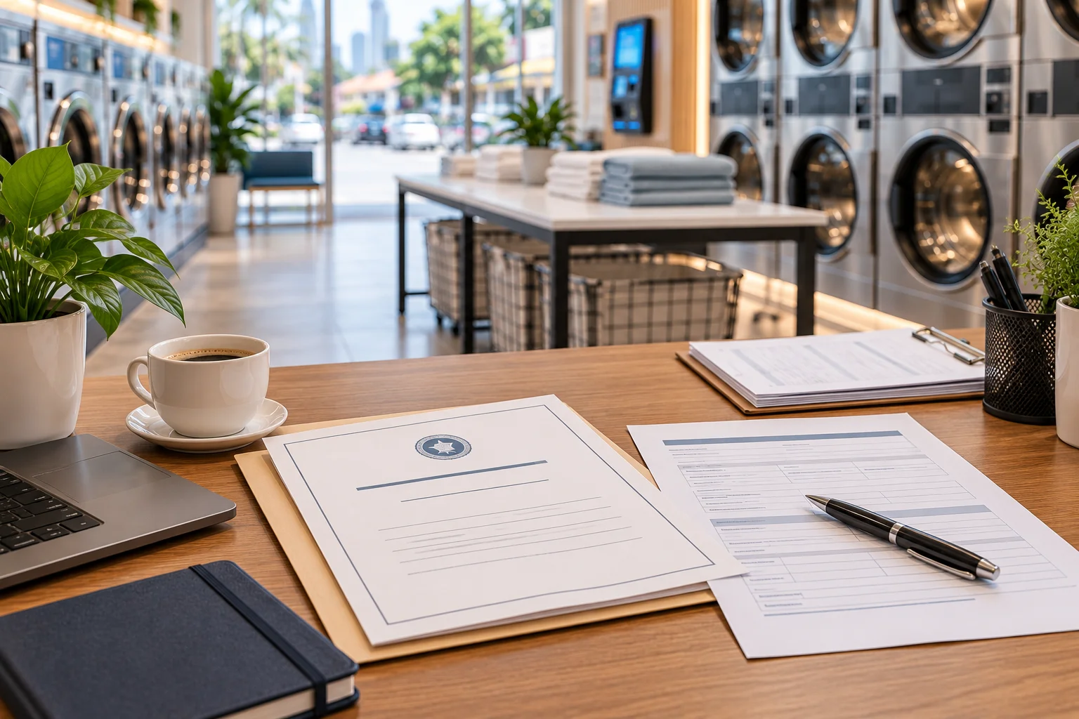 Business owner reviewing SSM registration and local council licensing documents required to open a laundromat in Malaysia