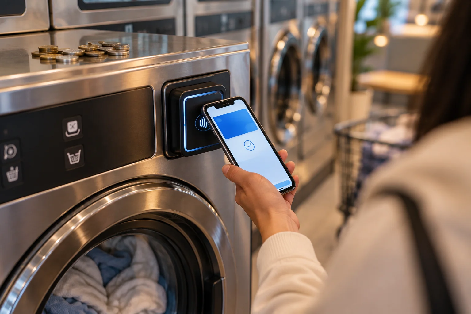 Customer paying for a laundromat washing machine using a smartphone app instead of coins