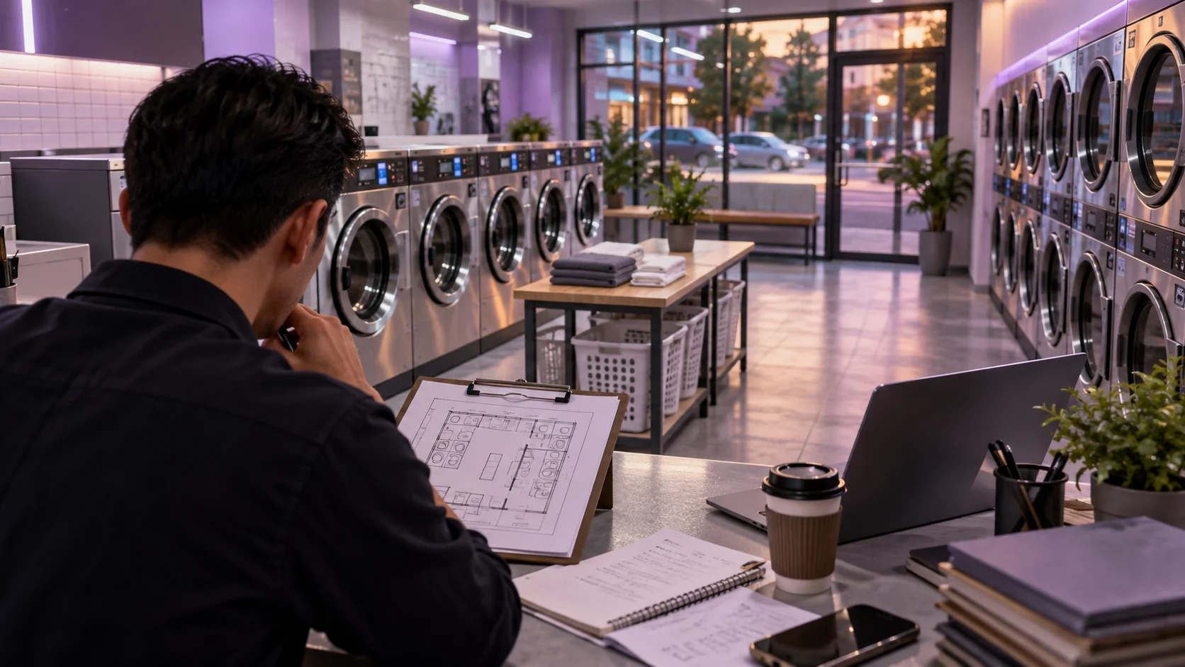 Laundromat owner reviewing business plans and paperwork at a desk with a blurred shop floor in the background