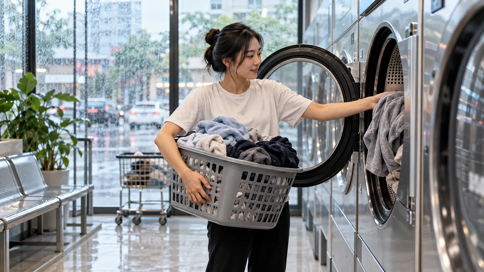 Customer loading clothes into a large commercial dryer at a self-service laundromat