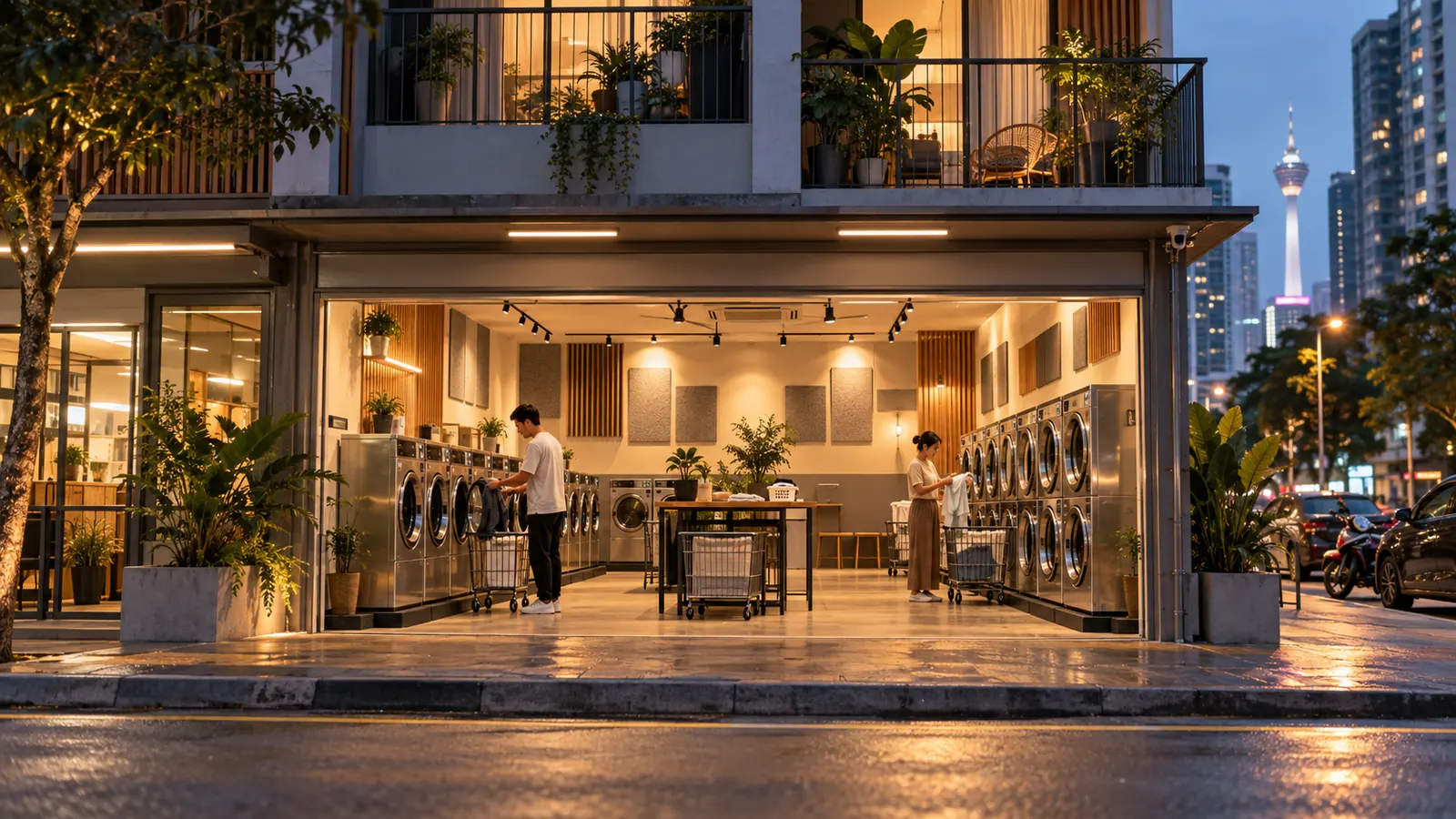 Quiet laundromat interior with acoustic panels below residential apartments in Kuala Lumpur