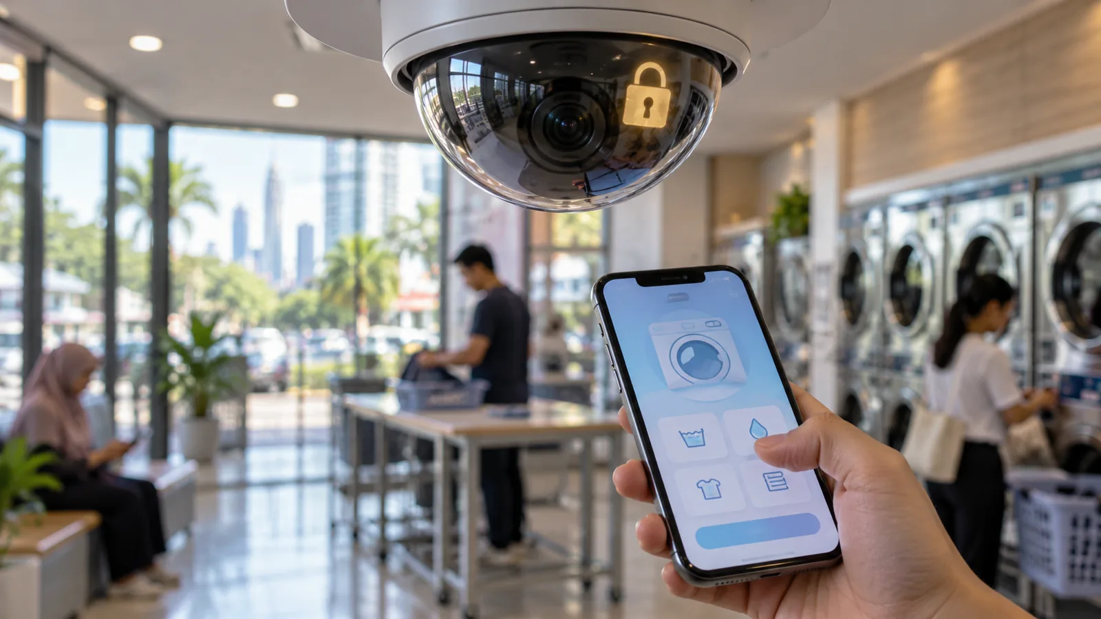 CCTV camera and laundromat app on a smartphone representing customer data privacy