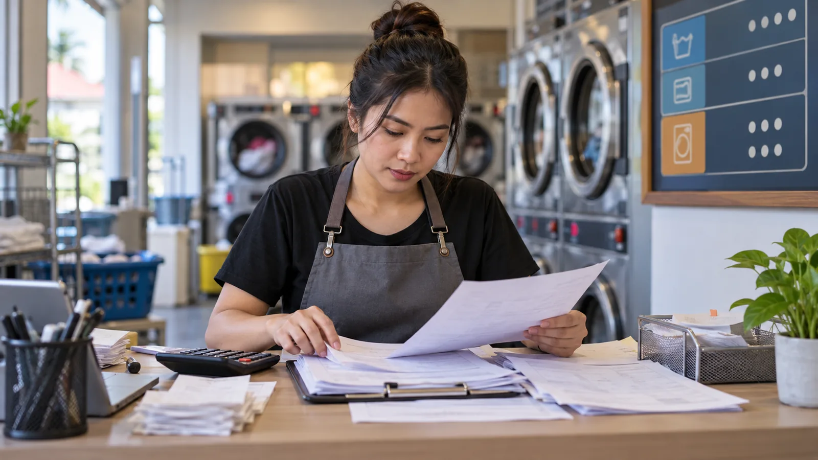 Laundromat operator reviewing SST tax documents and price-per-load pricing at a desk