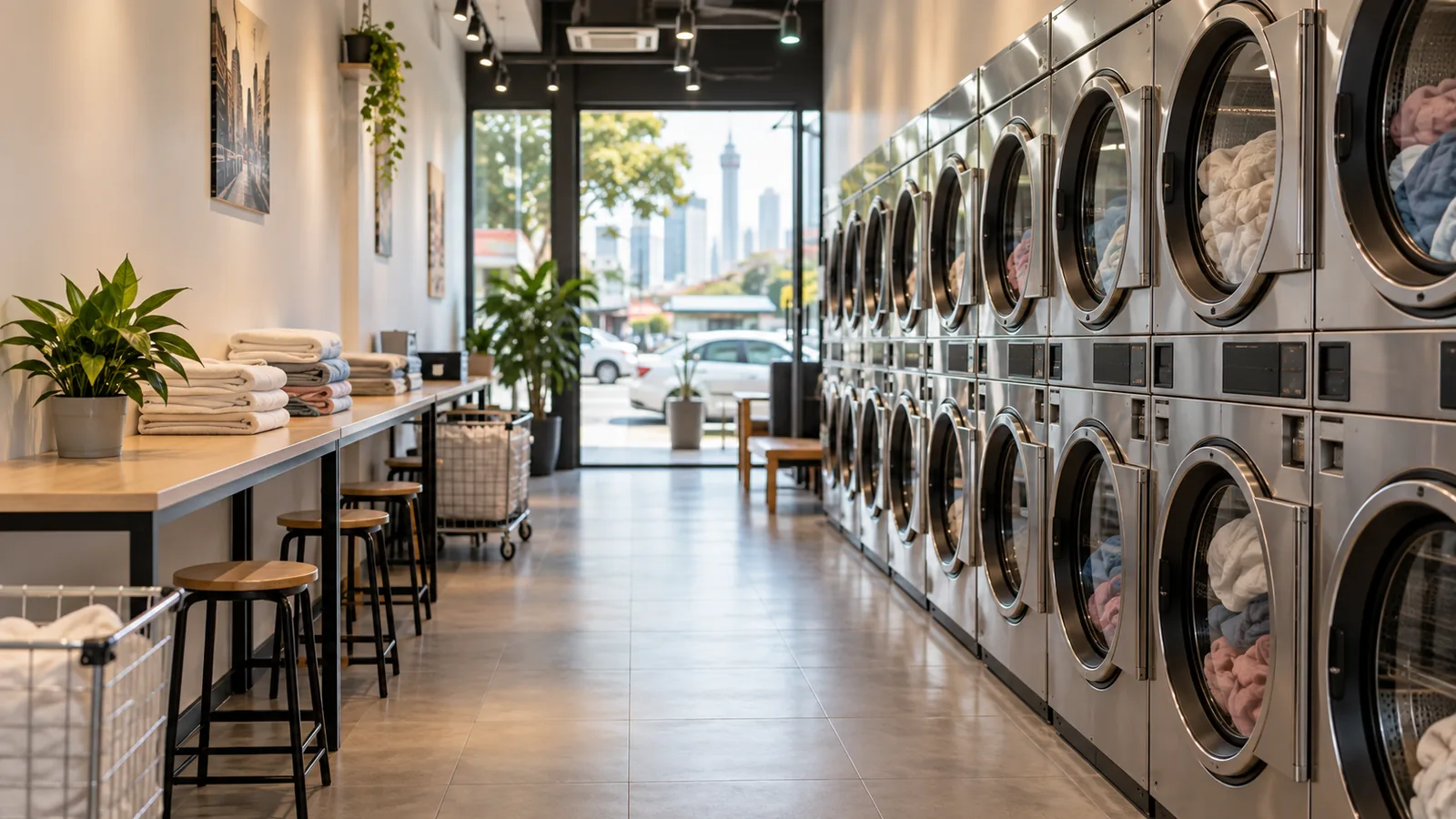 Stacked commercial washer dryer units lining the wall of a narrow shoplot laundromat in Kuala Lumpur
