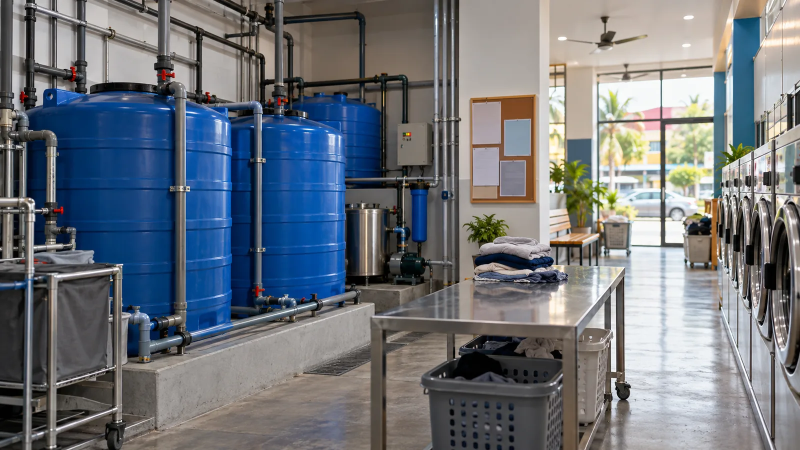 Water storage tanks and a notice board at a Selangor laundromat preparing for a water supply disruption