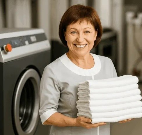 Laundry business owner in a self-service laundromat